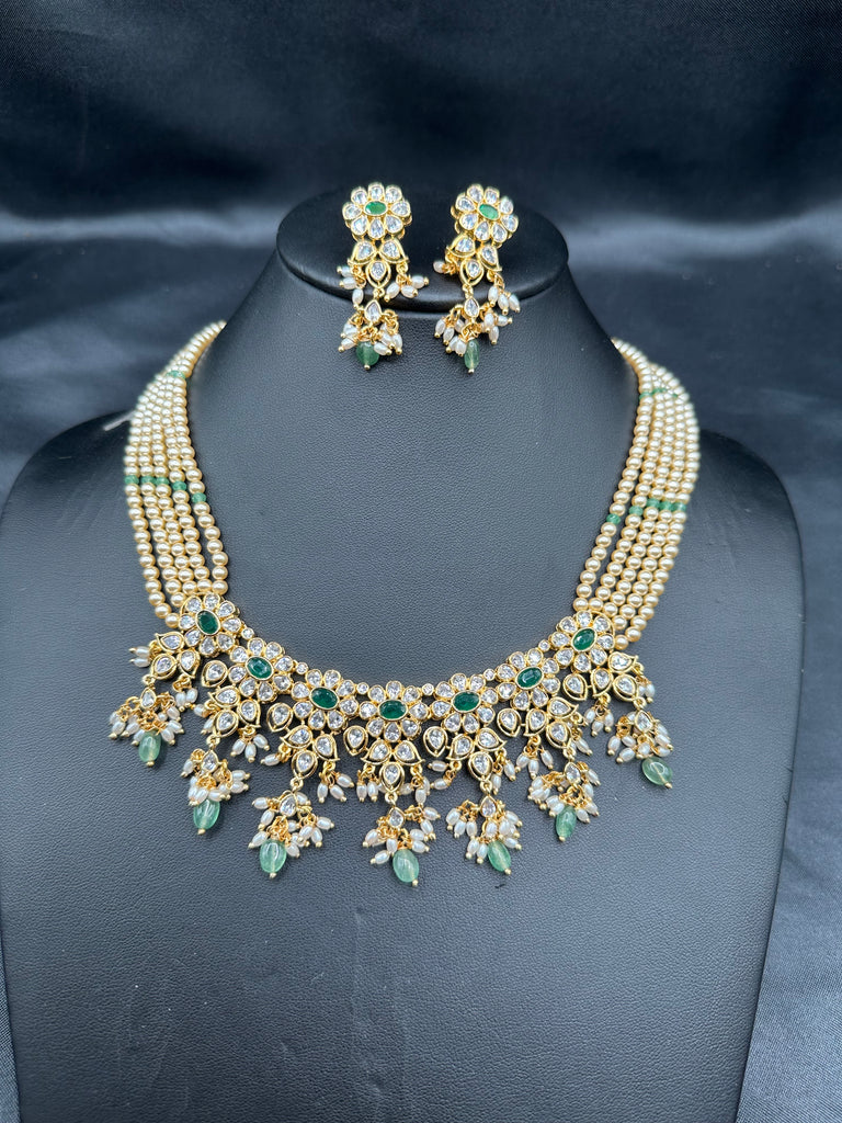 Original Swarovski pearls with emerald beads with cz stones pendant with matching earrings