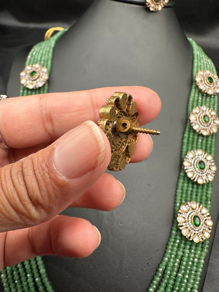 Light green beads with cz stones and moissanite stones side pendants