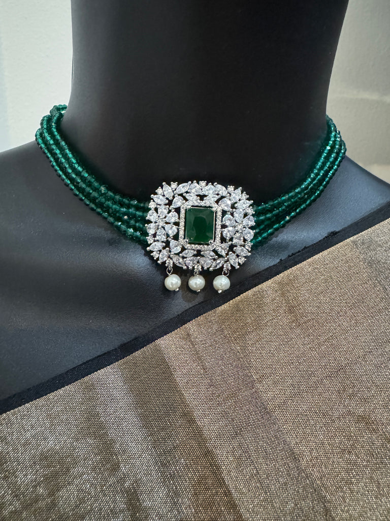 Emerald beads with cute CZ stones small pendant with matching earrings