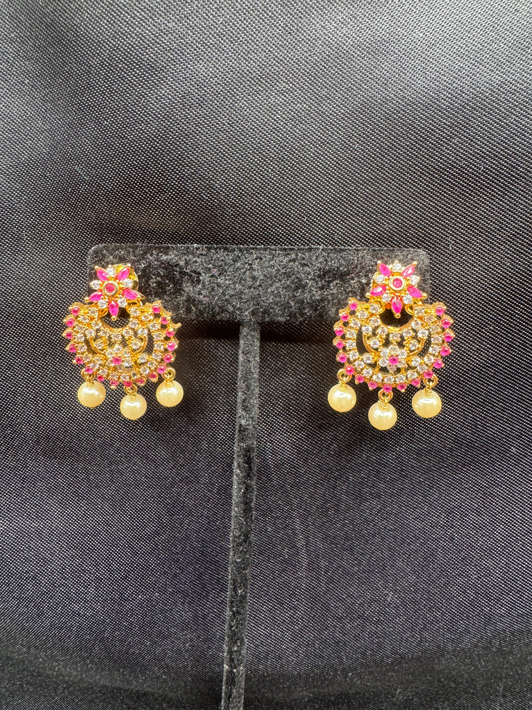 Ruby stones and cz stones with pearls chandbali earrings