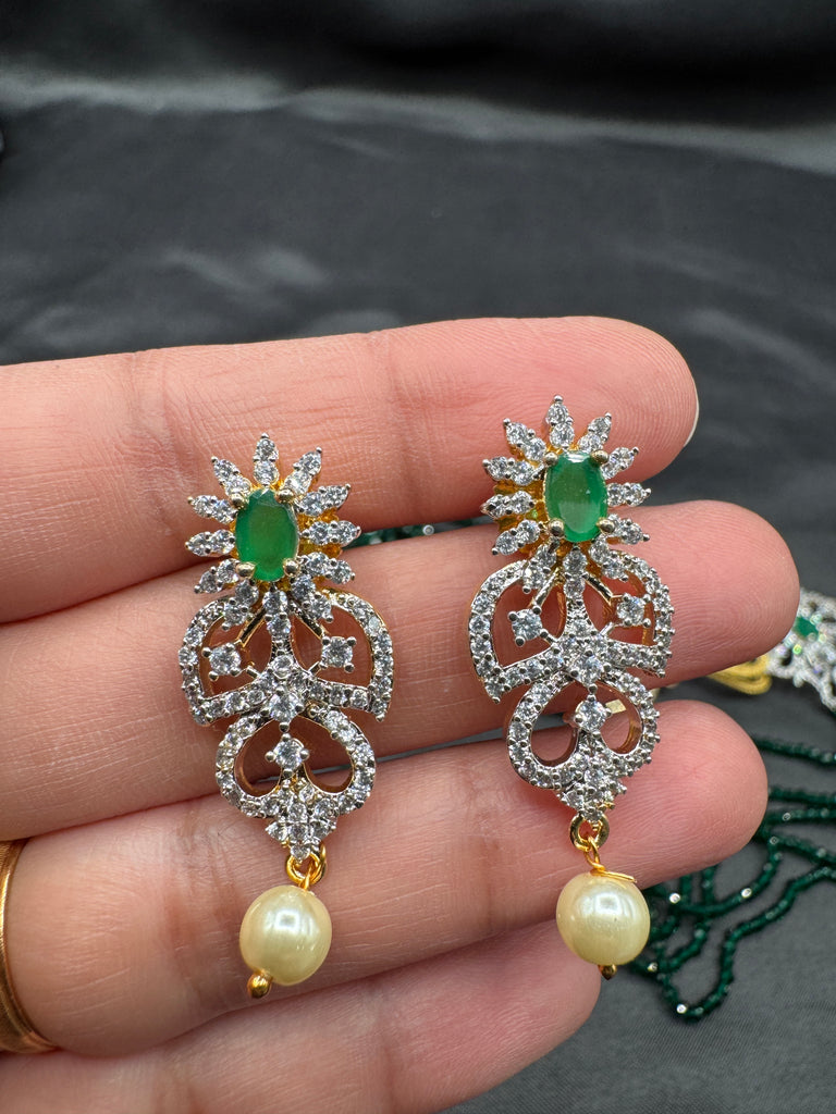 Green Crystal beads chain with cz stones side locket with matching earrings