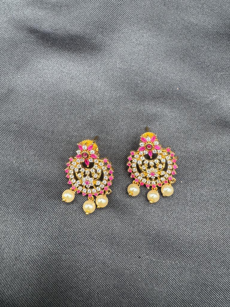 Ruby stones and cz stones with pearls chandbali earrings