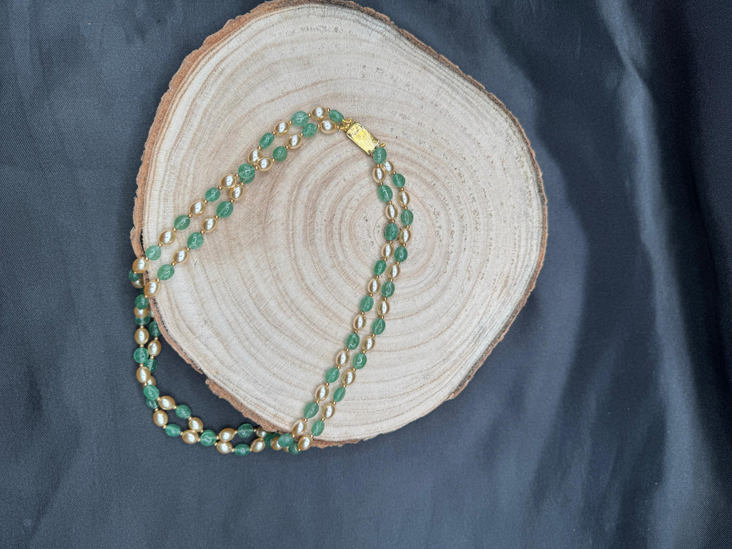 Strawberry Emerald beads with Swarovski pearls double line chain