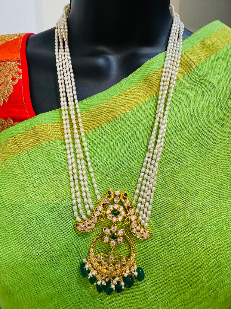 Pearls with chandbali style cz stones pendant with matching earrings