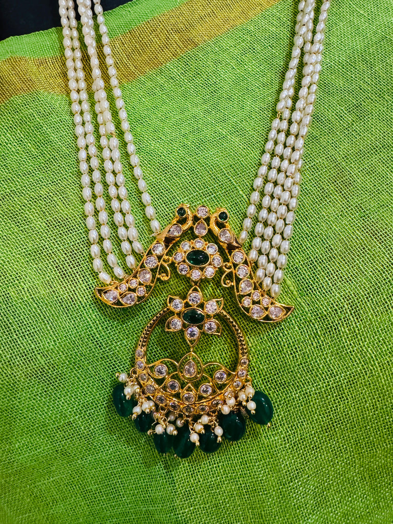 Pearls with chandbali style cz stones pendant with matching earrings