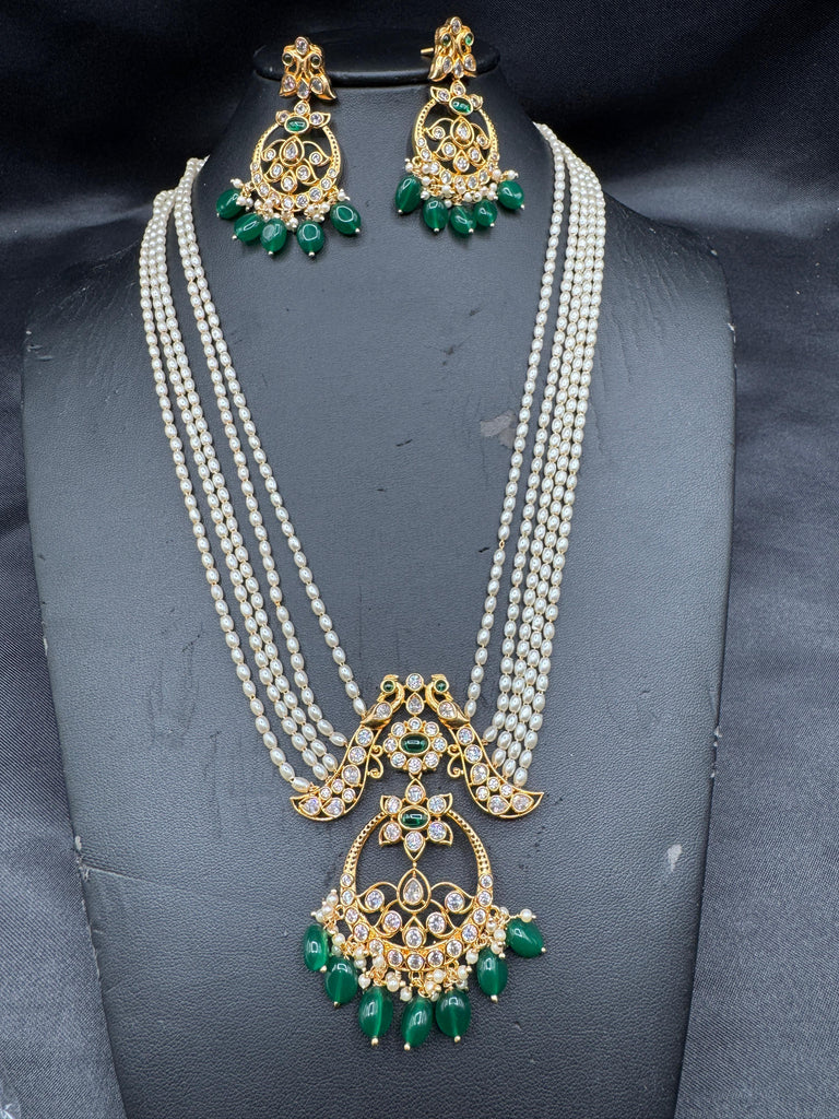 Pearls with chandbali style cz stones pendant with matching earrings