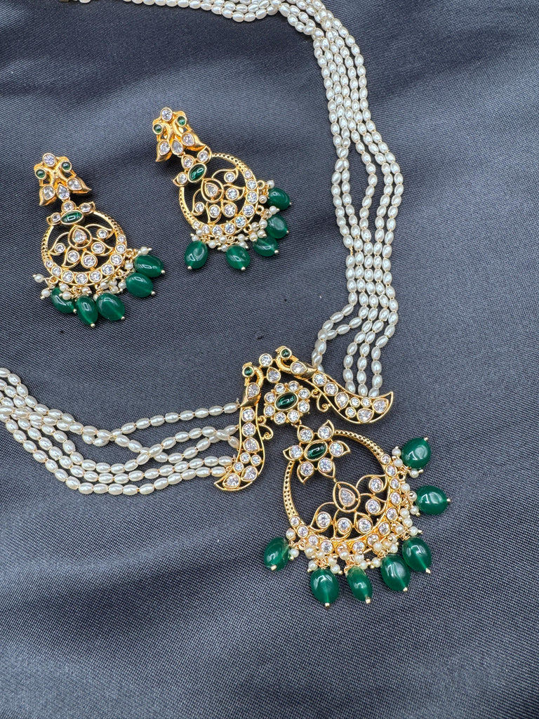 Pearls with chandbali style cz stones pendant with matching earrings
