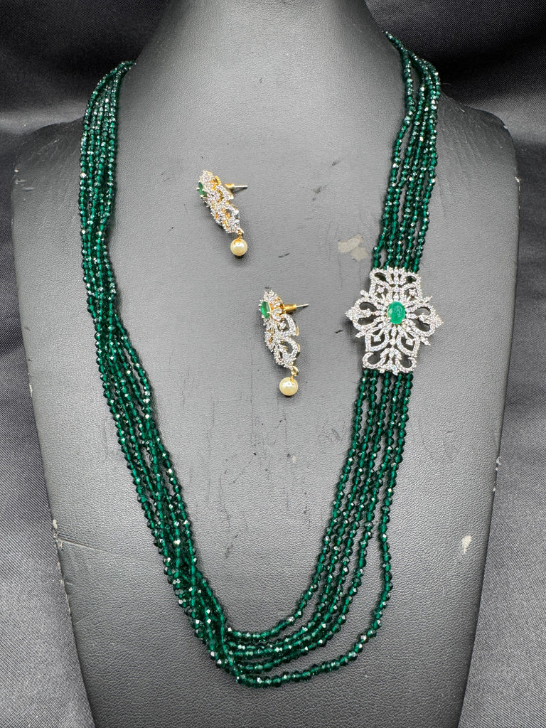 Green Crystal beads chain with cz stones side locket with matching earrings
