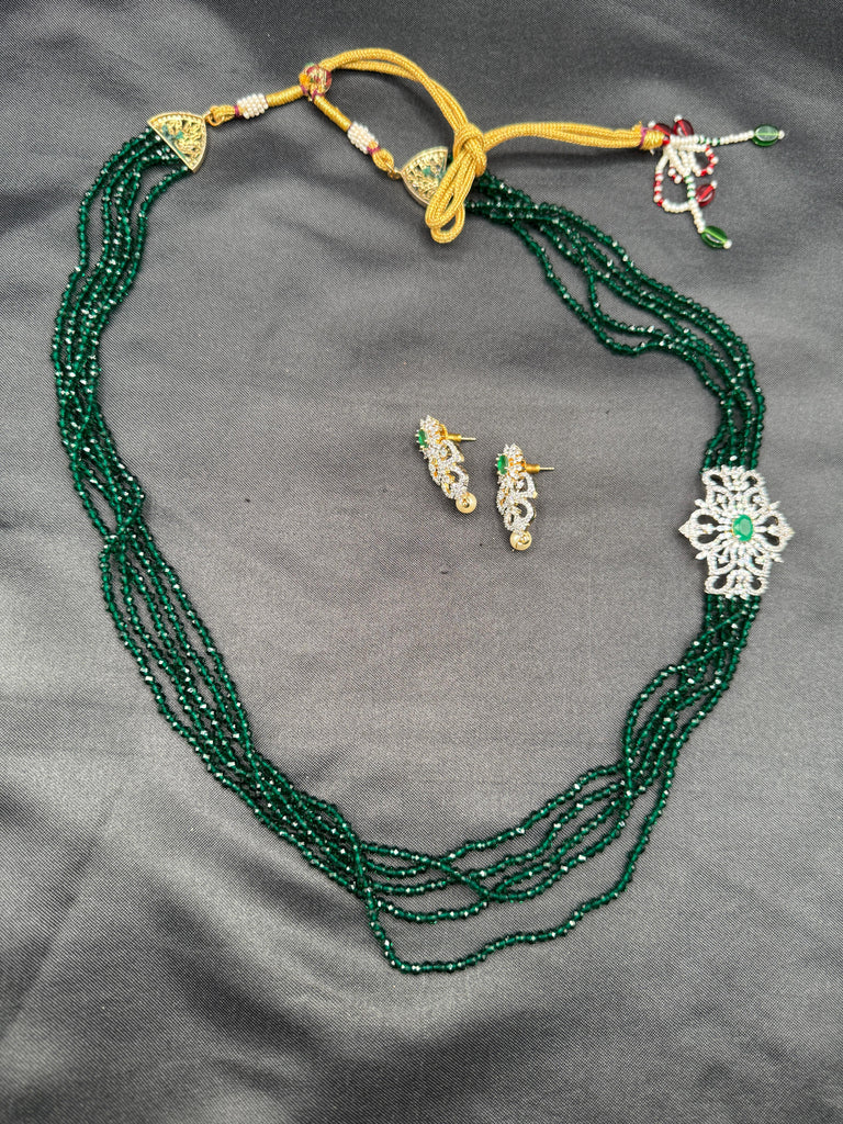 Green Crystal beads chain with cz stones side locket with matching earrings