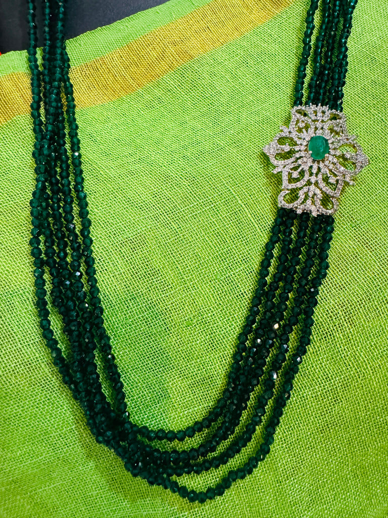 Green Crystal beads chain with cz stones side locket with matching earrings