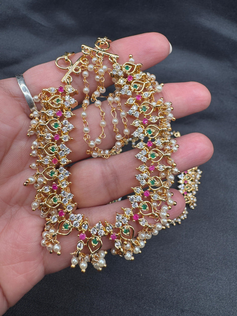 Heavy bridal design pearls with cz stones Champaswaralu