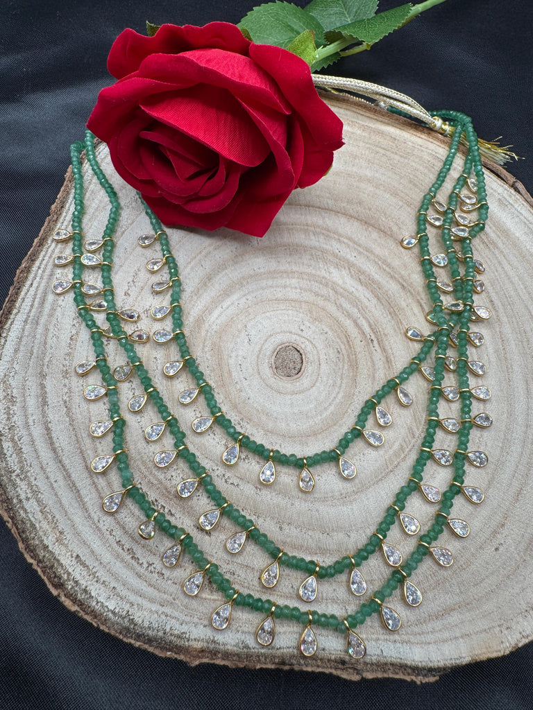 Emerald beads with CZ stones necklace