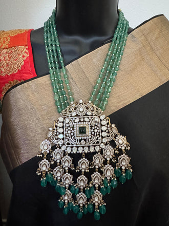 Emerald strawberry beads with Mossanite stones grand pendant with matching jewelry