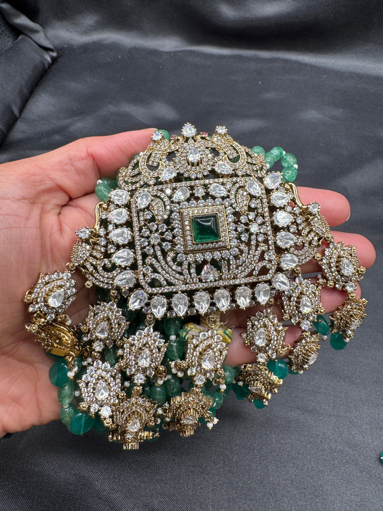 Emerald strawberry beads with Mossanite stones grand pendant with matching jewelry