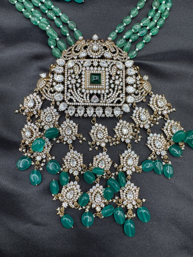 Emerald strawberry beads with Mossanite stones grand pendant with matching jewelry