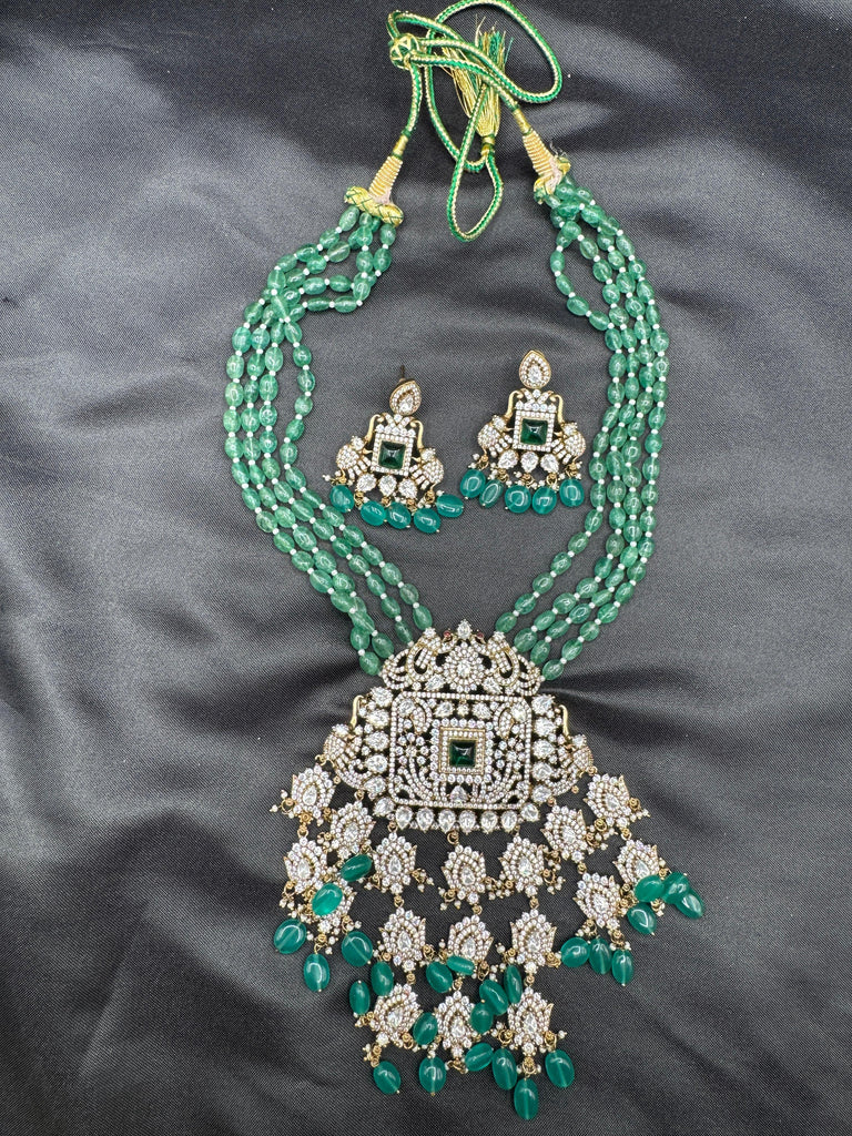 Emerald strawberry beads with Mossanite stones grand pendant with matching jewelry