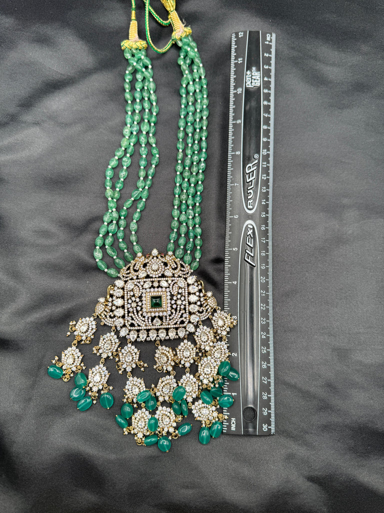 Emerald strawberry beads with Mossanite stones grand pendant with matching jewelry