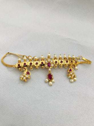 Cute cz stones with ruby and pearls chain type baju band - Globus Fashions