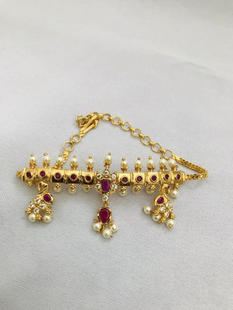 Cute cz stones with ruby and pearls chain type baju band - Globus Fashions