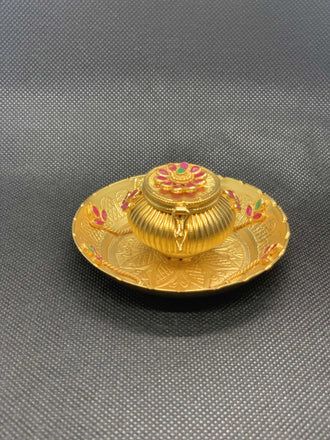 Cute leaf design multicolor stones kumkum and turmeric box - Globus Fashions