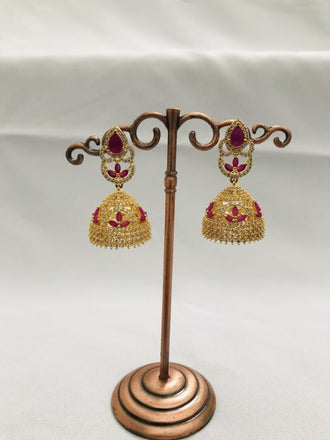 Cz stones and ruby stones with pearls jumka earrings - Globus Fashions