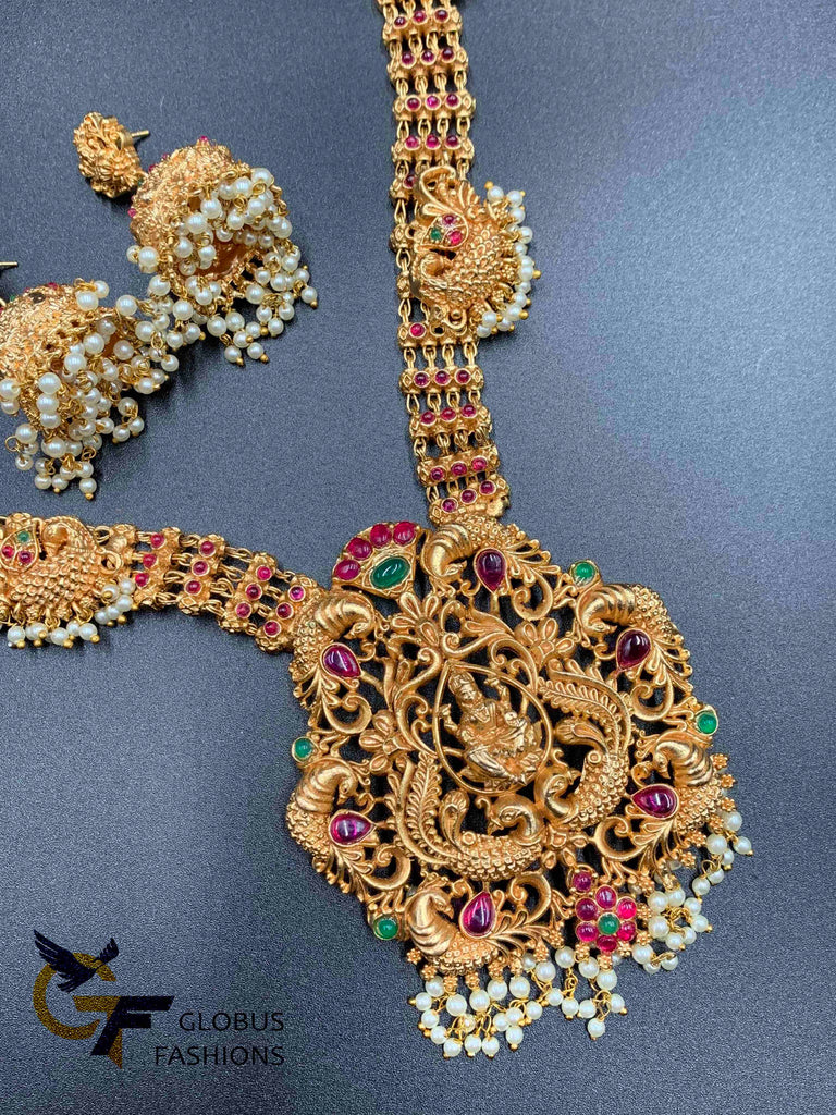 Traditional and antique design LAKSHMI print with pearls and multicolor stones long necklace and matching jumka set