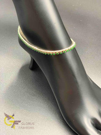 Silver chain with green color stones anklets
