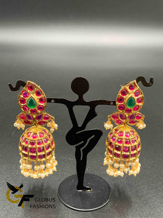 Real kemp and Pearls mango design Jumka Earrings
