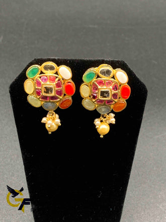 Square shaped navarathna stones with Pearls stud type earrings