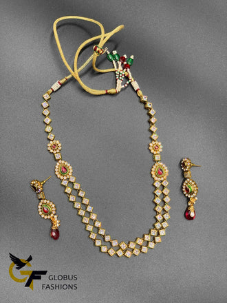 Beautiful and traditional polki stones double step necklace set
