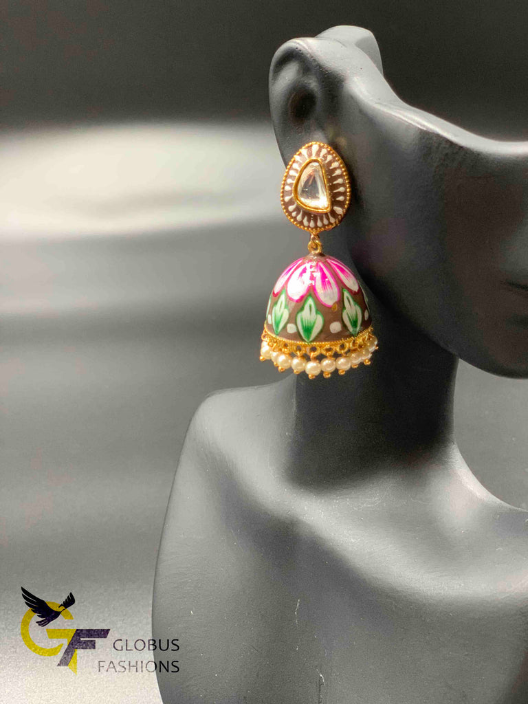 Beautiful enamel hand painted with kundan stones jumka earrings