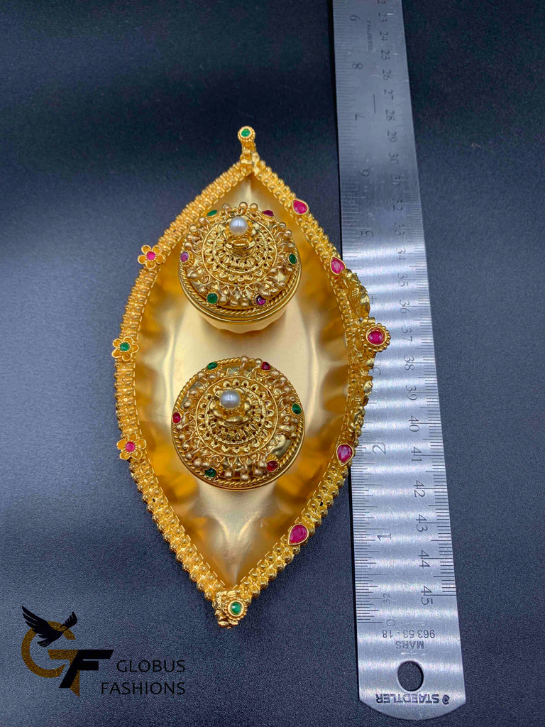 Gold plate with lakshmi print kumkum & Turmeric box