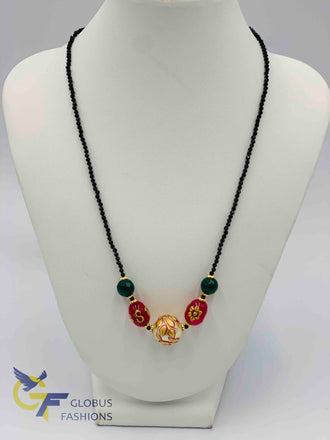 Beautiful hand painted enamel pearl with black beads chain