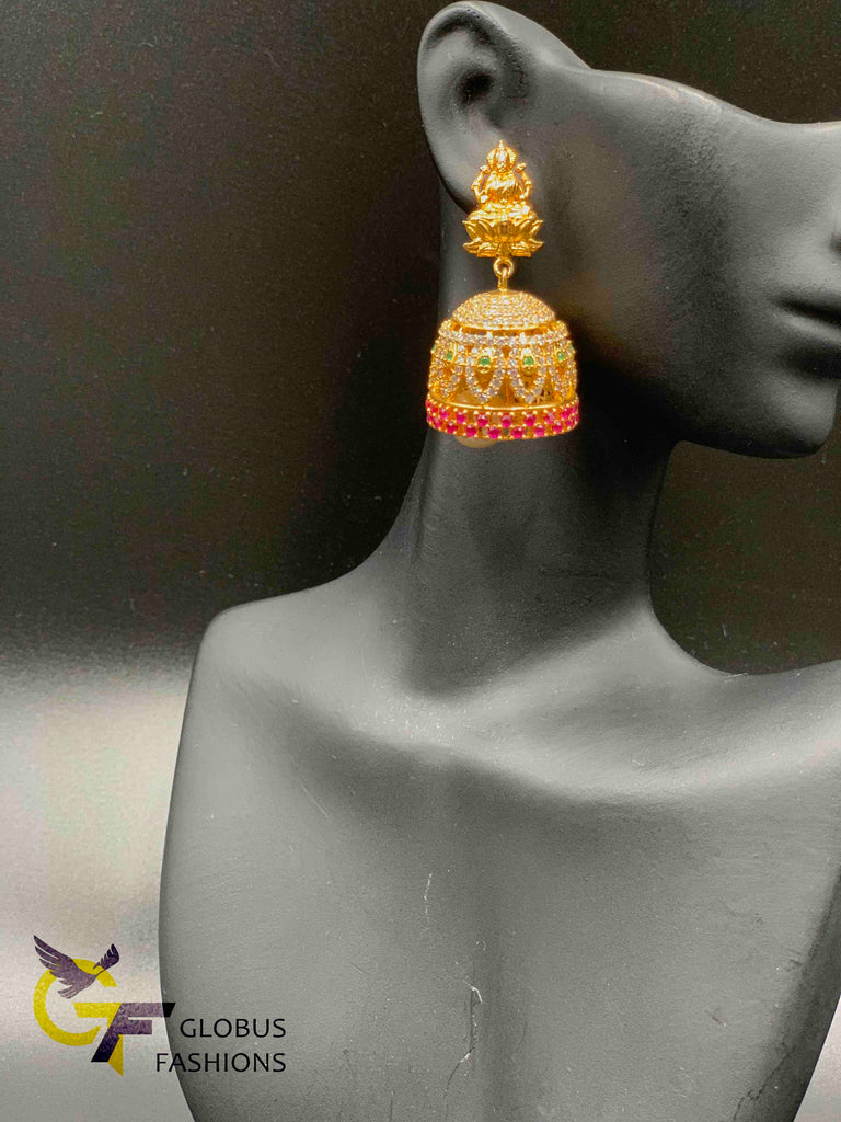 Traditional look Lakshmi print with multicolor stones jumka earrings