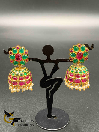 Traditional multicolor Stones with Pearls Jumka Earrings