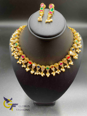 Navarathna Stones with Pearls necklace and matching earrings