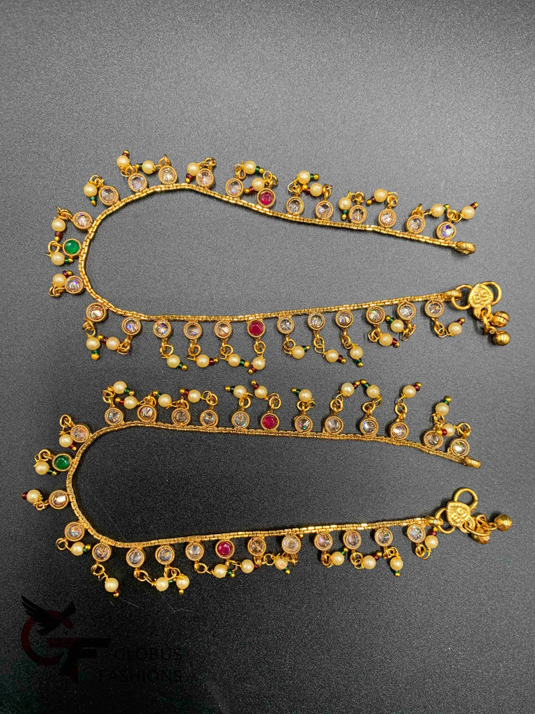 Rose gold Kundan stones with multicolor stones and pearls anklets