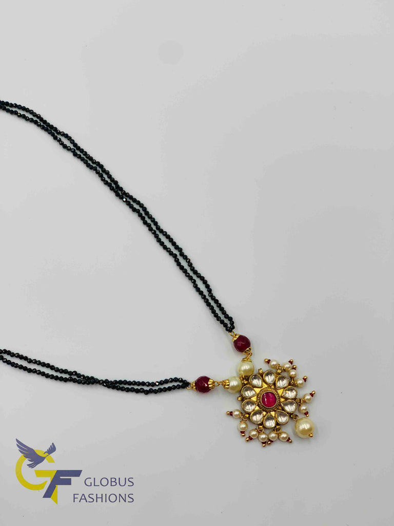 Black diamond beads chain with kundan stones pendant