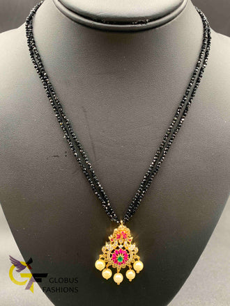 Multicolor stones peacock design pendant with double line black Diamond beads chain