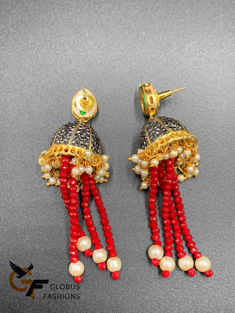 Red color beads with black stones pendant and matching jumka earrings