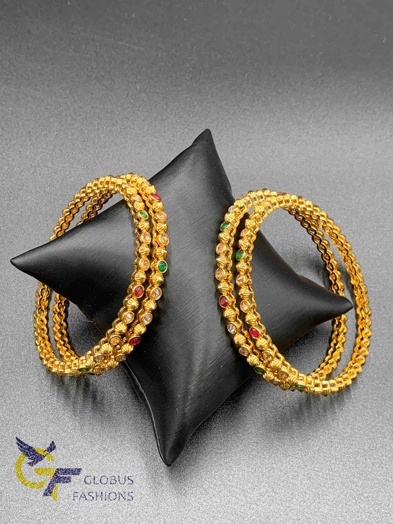 Traditional antique look multicolor Stones with Polki Stones set of 4 bangles