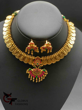 Lakshmi print coins with multicolor stones Peacock design pendant with matching earrings