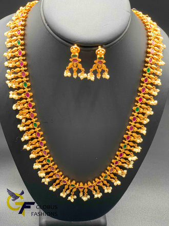 Mat finish multicolor stones with pearls long necklace set