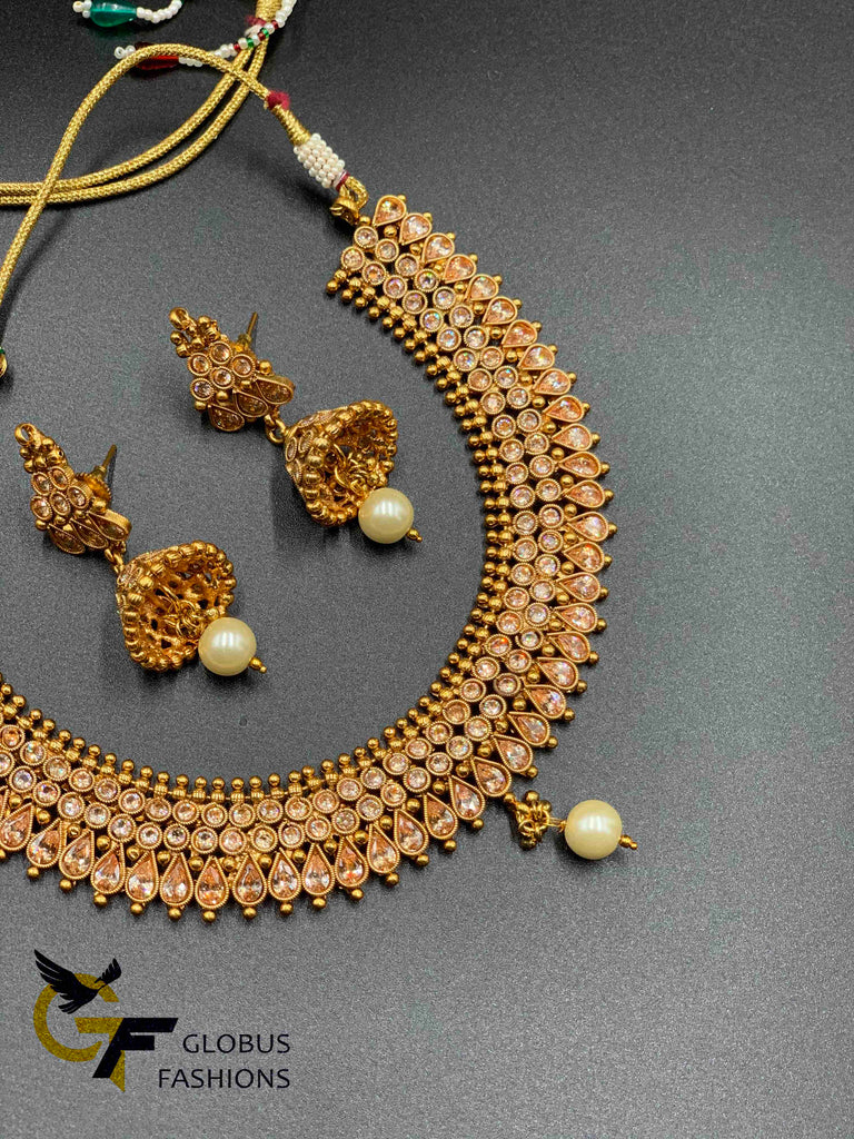 Rose gold polki stones necklace set