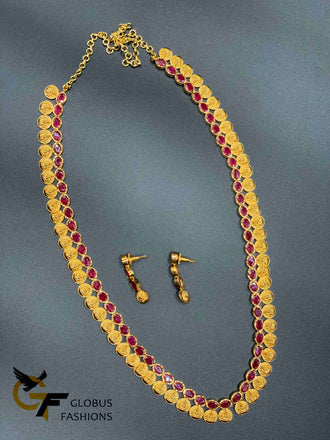 Traditional Lakshmi print coins with ruby stones long necklace set
