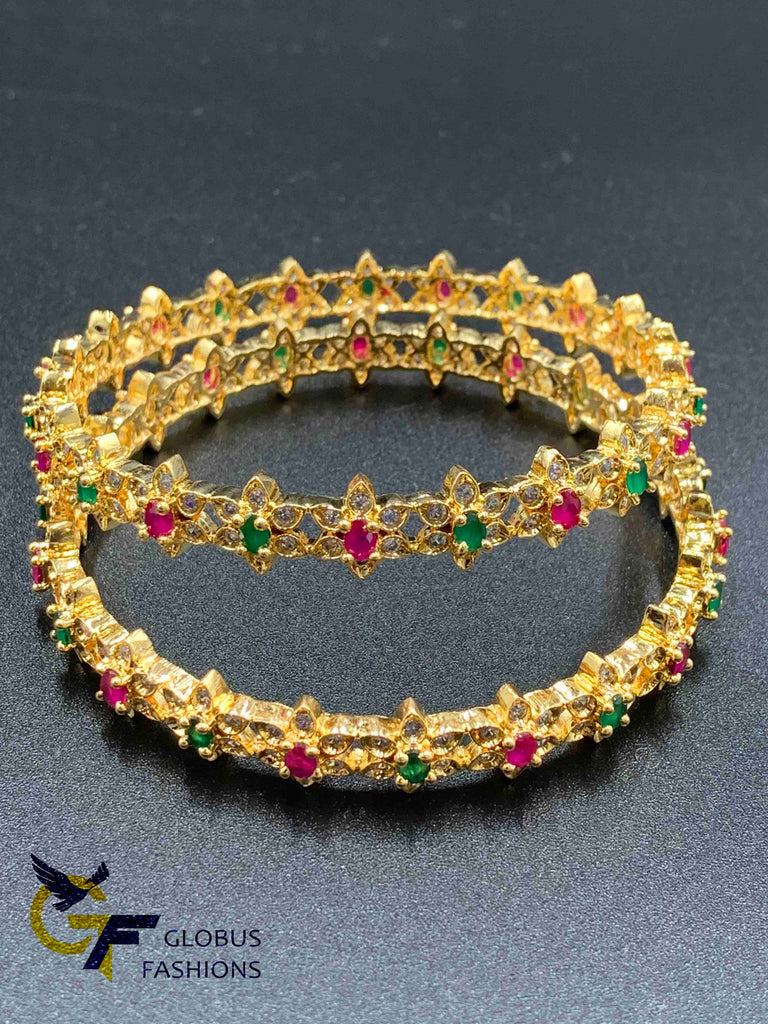 Flower design multicolor stones set of two bangles