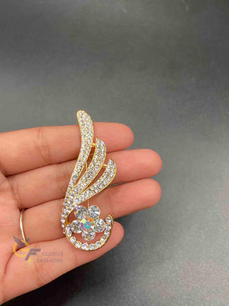 Feather design CZ stones brooch/ Saree pin