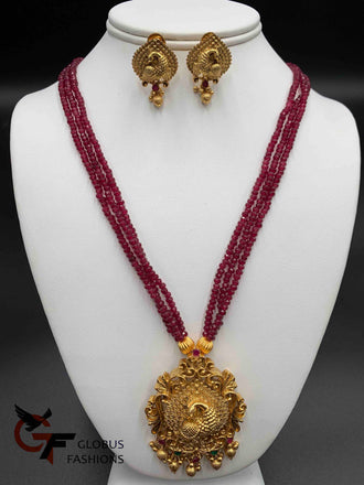 Peacock design antique look design pendant set with natural ruby beads chain