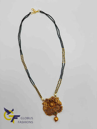 Cute black diamond beads chain with antique look peacock with flower design pendant