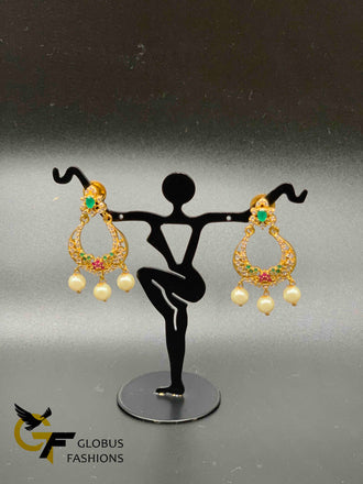 Simple design multicolor stones with pearls chandbali earrings